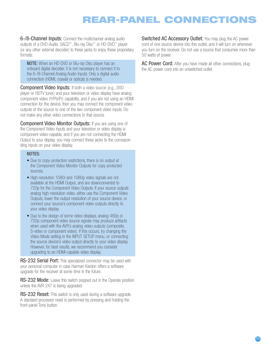 Rear-panel connections | Harman-Kardon AVR 247 User Manual | Page 11 / 76