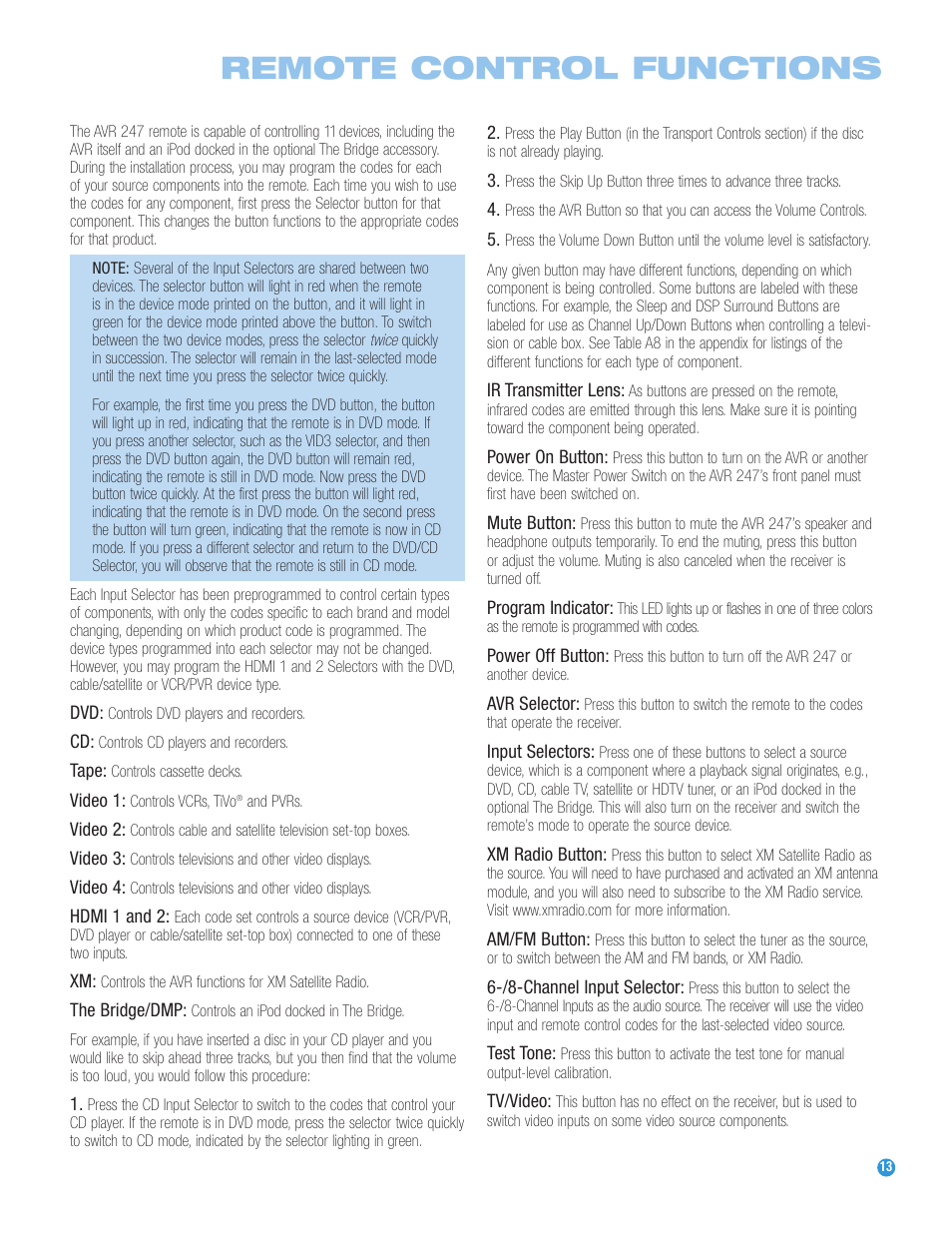 Remote control functions | Harman-Kardon AVR 247 User Manual | Page 13 / 76