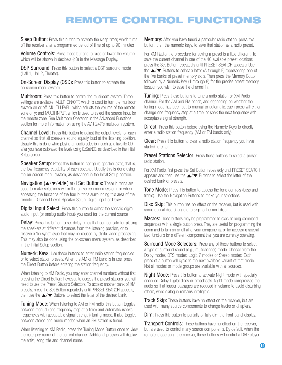 Remote control functions | Harman-Kardon AVR 247 User Manual | Page 15 / 76