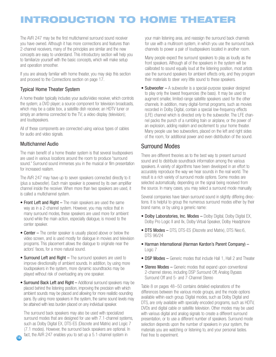Introduction to home theater, Surround modes | Harman-Kardon AVR 247 User Manual | Page 16 / 76
