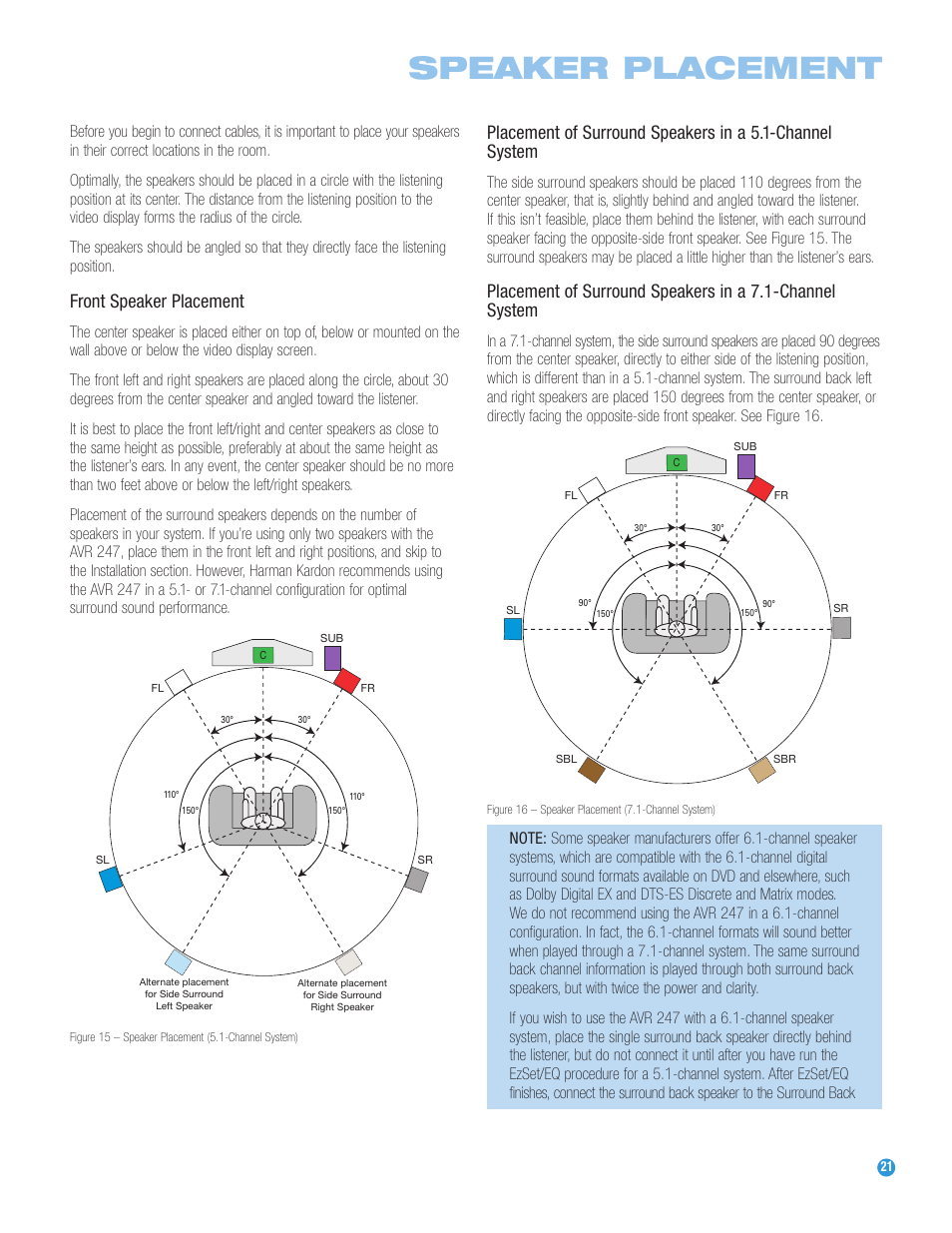 Speaker placement, Front speaker placement | Harman-Kardon AVR 247 User Manual | Page 21 / 76