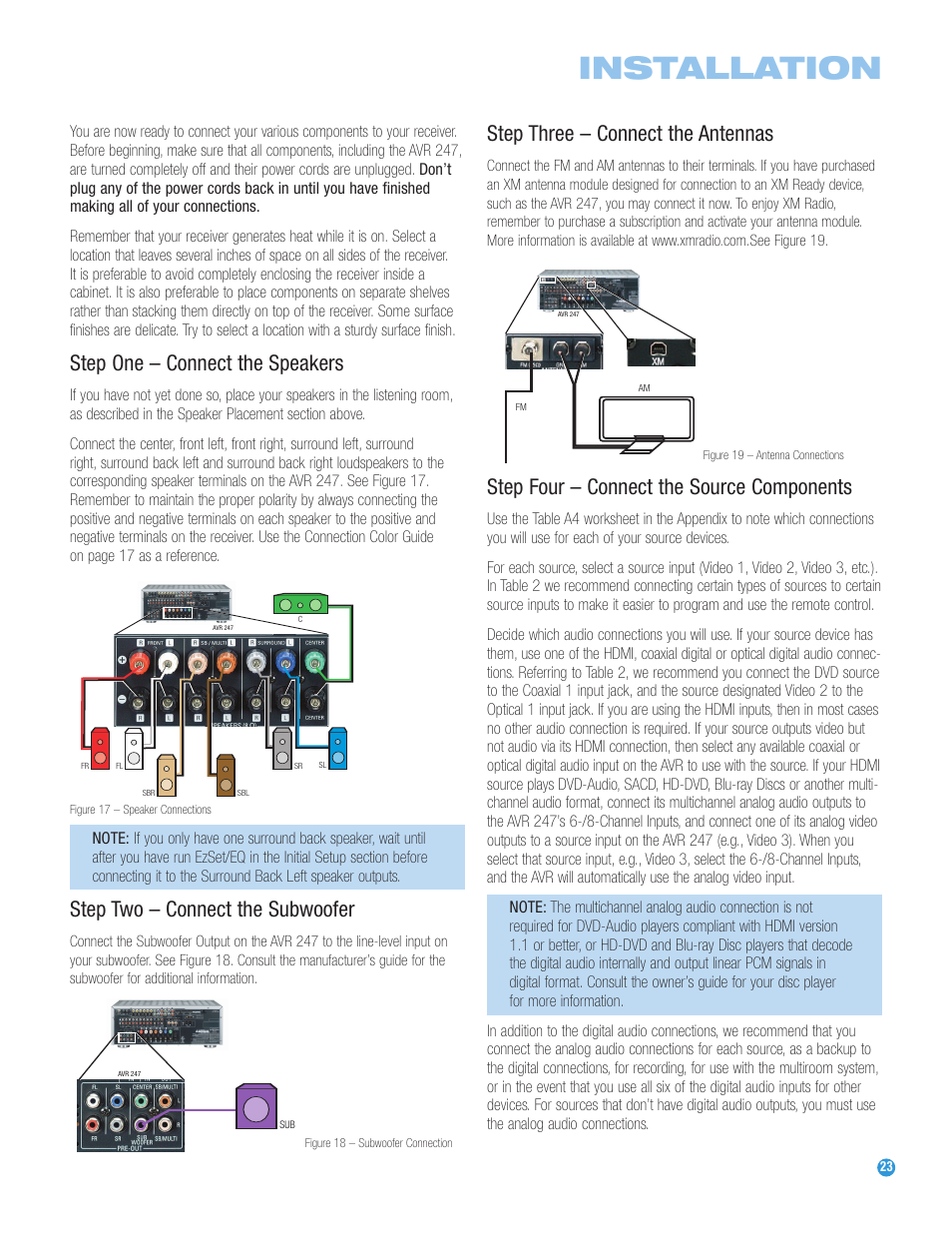 Installation, Step one – connect the speakers, Step two – connect the subwoofer | Step three – connect the antennas, Step four – connect the source components | Harman-Kardon AVR 247 User Manual | Page 23 / 76