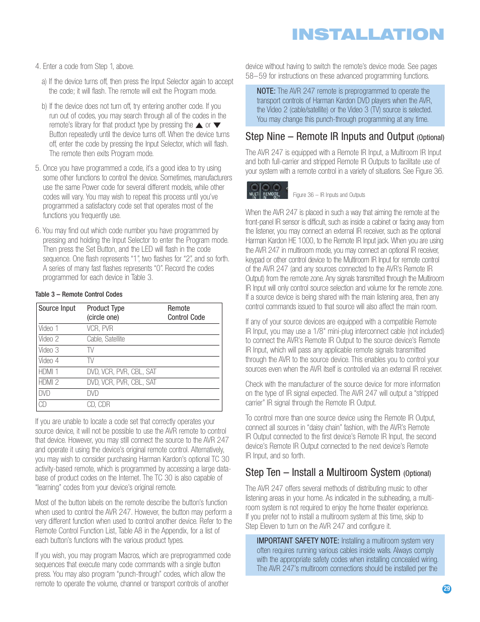 Installation, Step nine – remote ir inputs and output, Step ten – install a multiroom system | Harman-Kardon AVR 247 User Manual | Page 29 / 76