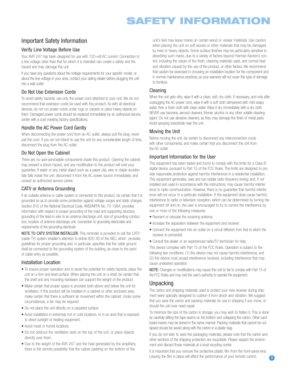 Safety information, Important safety information, Unpacking | Harman-Kardon AVR 247 User Manual | Page 3 / 76