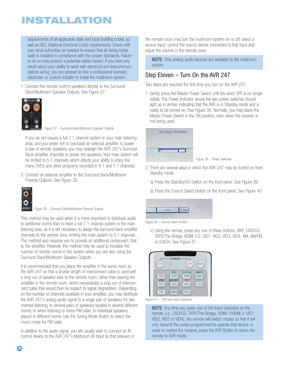 Installation, Step eleven – turn on the avr 247 | Harman-Kardon AVR 247 User Manual | Page 30 / 76