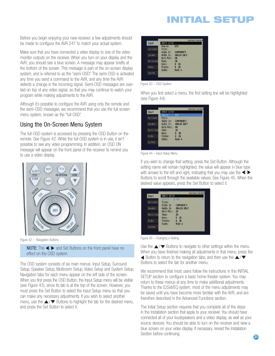 Initial setup, Using the on-screen menu system | Harman-Kardon AVR 247 User Manual | Page 31 / 76