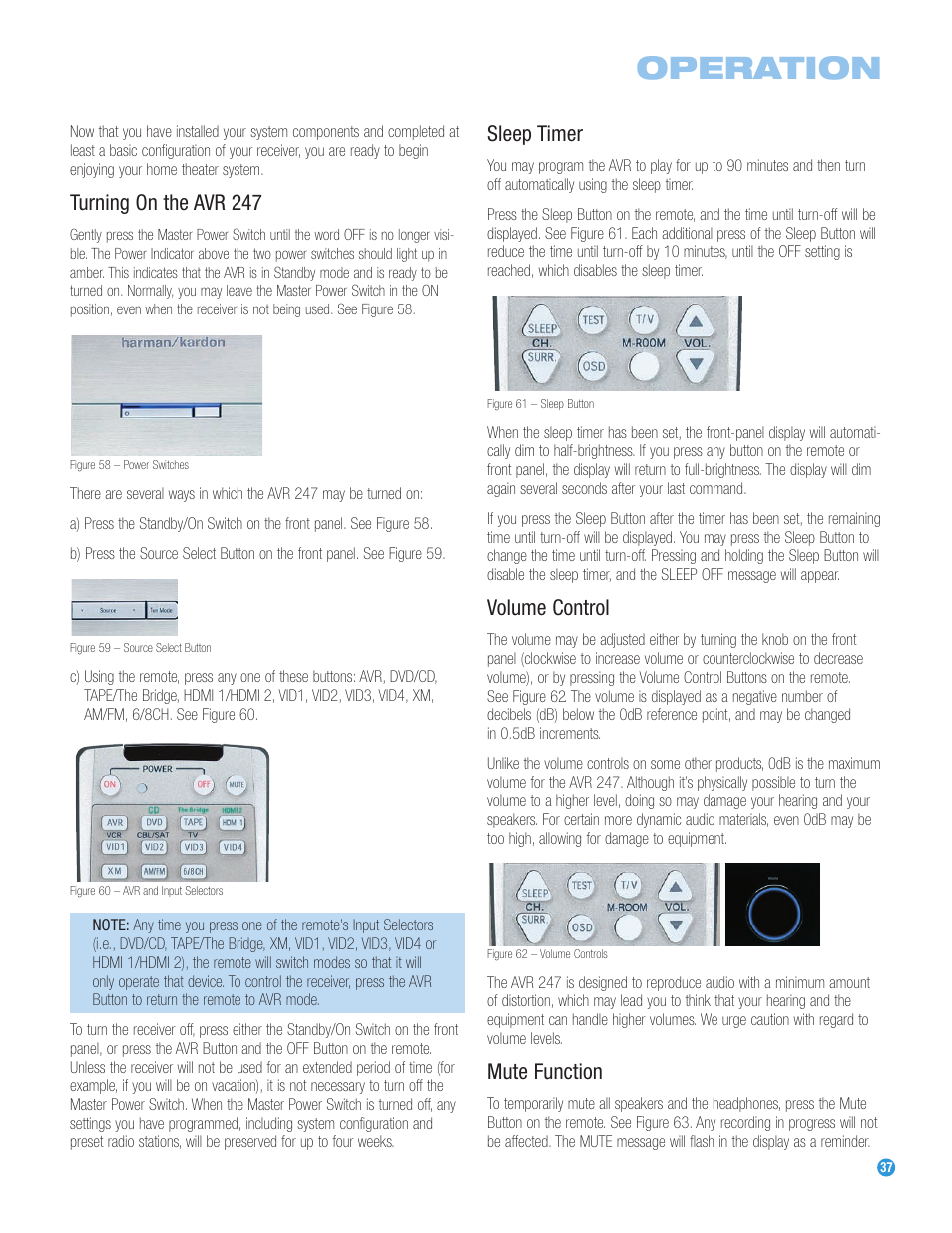 Operation, Turning on the avr 247, Sleep timer | Volume control, Mute function | Harman-Kardon AVR 247 User Manual | Page 37 / 76