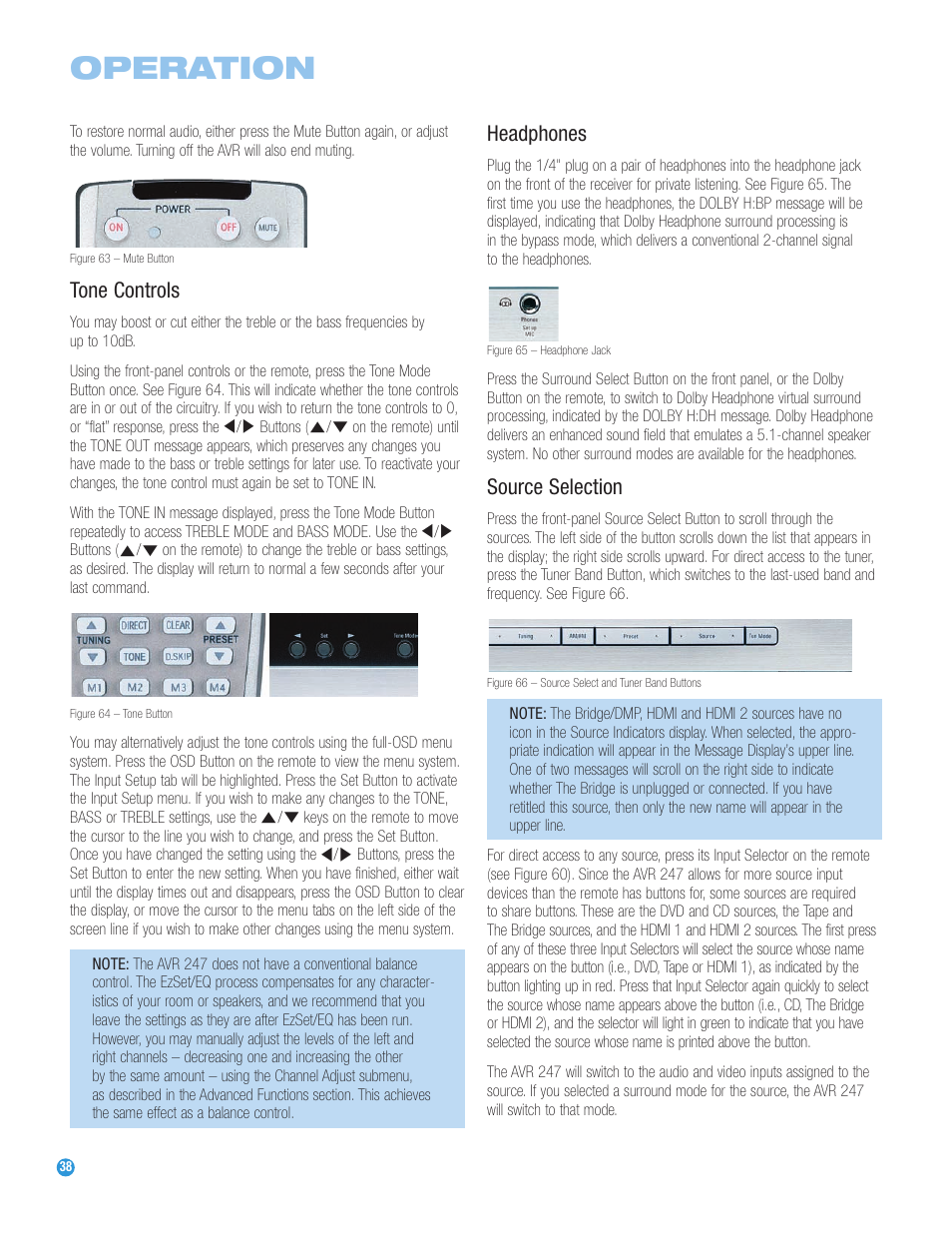 Operation, Tone controls, Headphones | Source selection | Harman-Kardon AVR 247 User Manual | Page 38 / 76