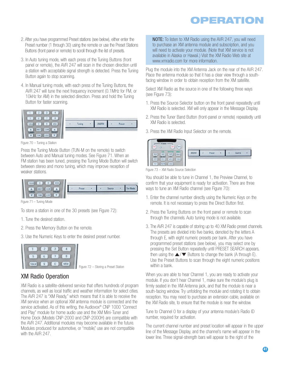 Operation, Xm radio operation | Harman-Kardon AVR 247 User Manual | Page 41 / 76