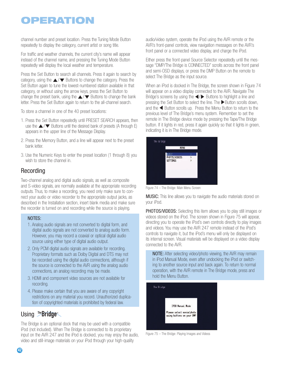 Operation, Bridge, Recording | Using | Harman-Kardon AVR 247 User Manual | Page 42 / 76