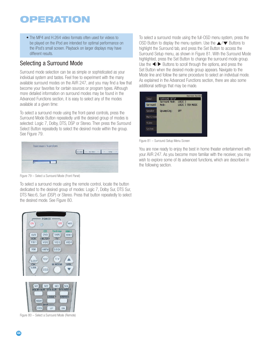 Operation, Selecting a surround mode | Harman-Kardon AVR 247 User Manual | Page 44 / 76