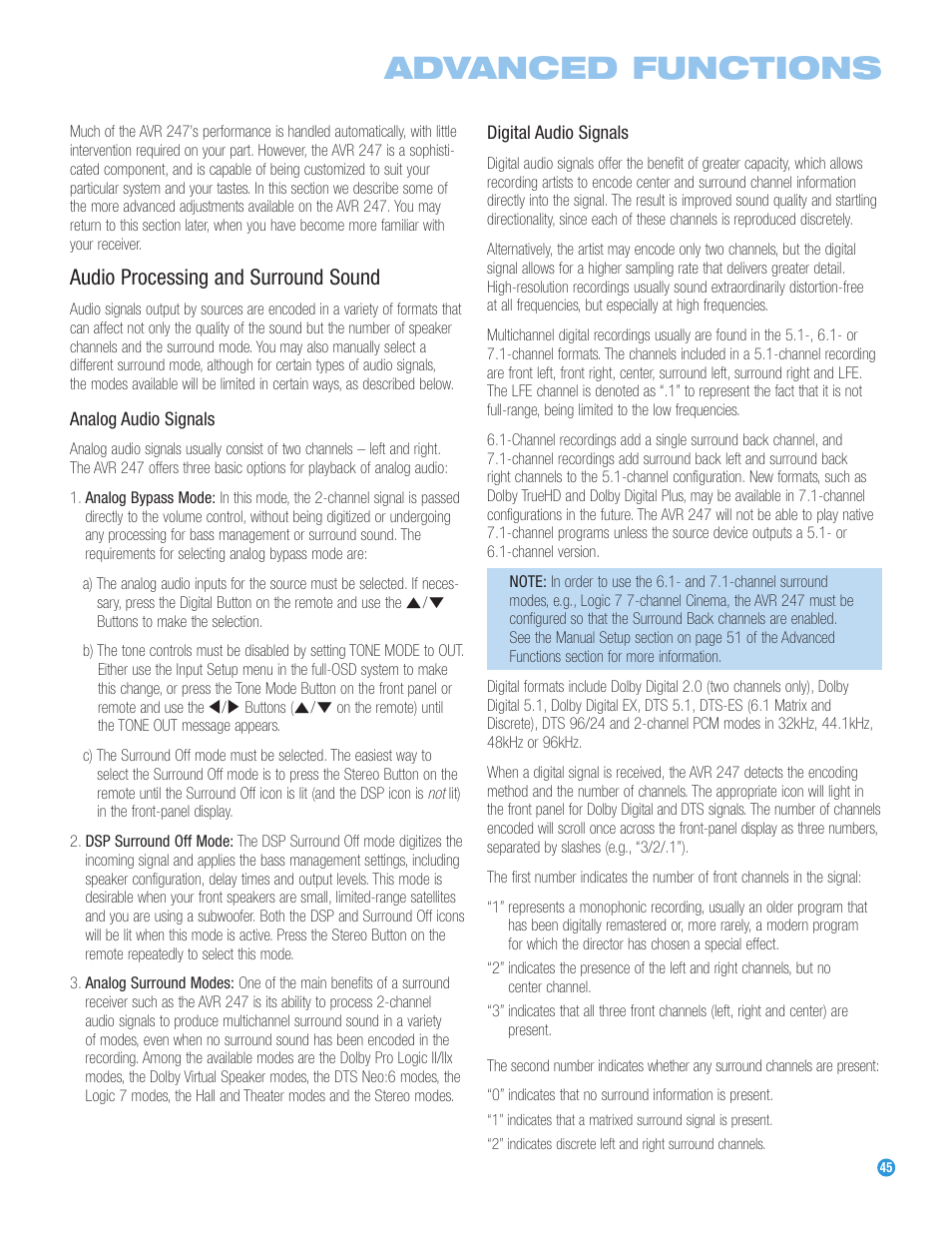 Advanced functions, Audio processing and surround sound | Harman-Kardon AVR 247 User Manual | Page 45 / 76