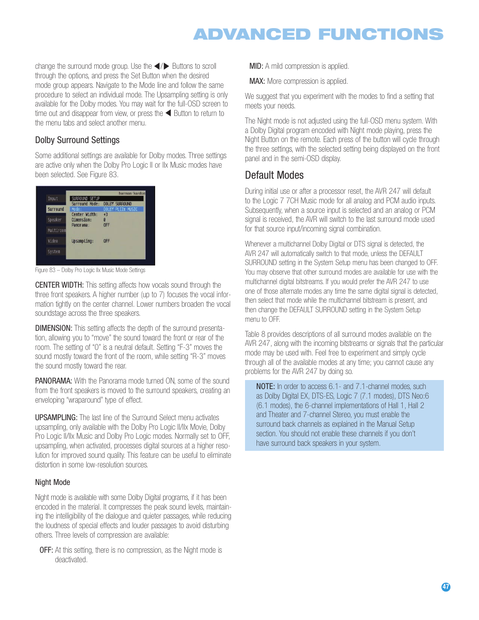 Advanced functions, Default modes | Harman-Kardon AVR 247 User Manual | Page 47 / 76