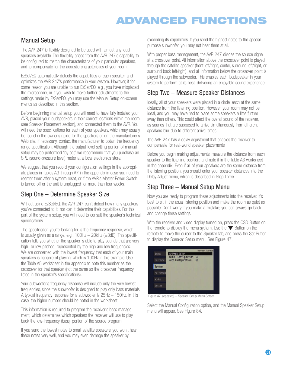 Advanced functions, Manual setup, Step one – determine speaker size | Step two – measure speaker distances, Step three – manual setup menu | Harman-Kardon AVR 247 User Manual | Page 51 / 76