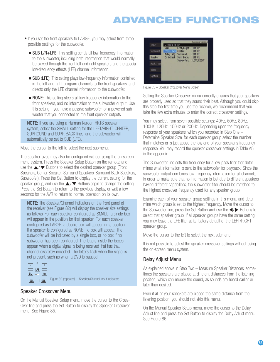Advanced functions, Speaker crossover menu, Delay adjust menu | Harman-Kardon AVR 247 User Manual | Page 53 / 76