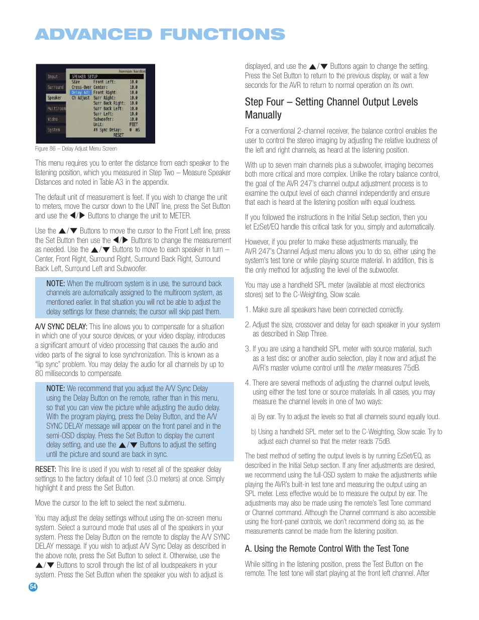 Advanced functions, Step four – setting channel output levels manually | Harman-Kardon AVR 247 User Manual | Page 54 / 76