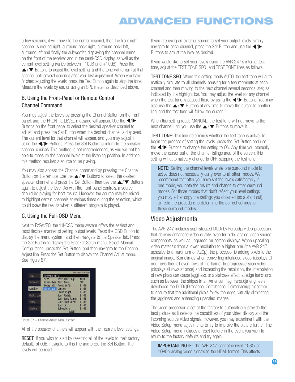 Advanced functions, Video adjustments | Harman-Kardon AVR 247 User Manual | Page 55 / 76