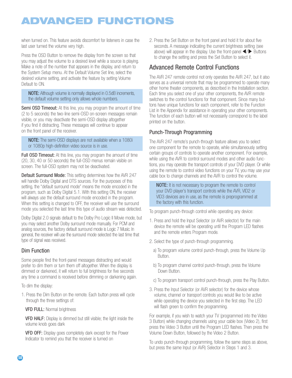 Advanced functions, Advanced remote control functions | Harman-Kardon AVR 247 User Manual | Page 58 / 76