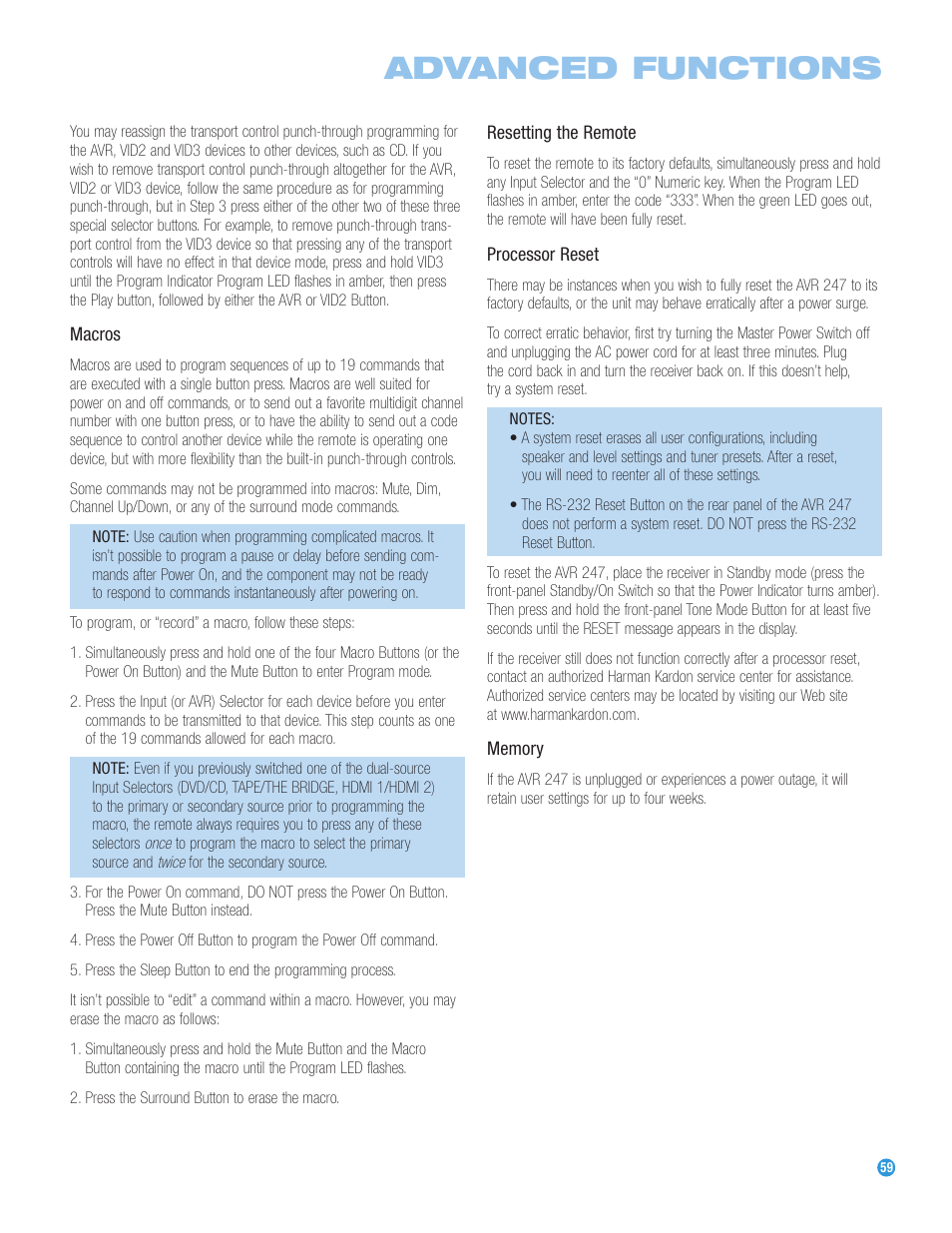 Advanced functions | Harman-Kardon AVR 247 User Manual | Page 59 / 76