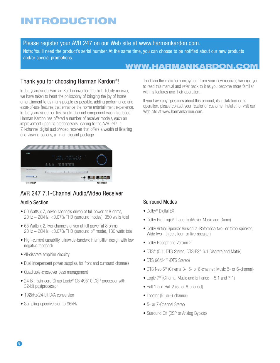 Introduction | Harman-Kardon AVR 247 User Manual | Page 6 / 76