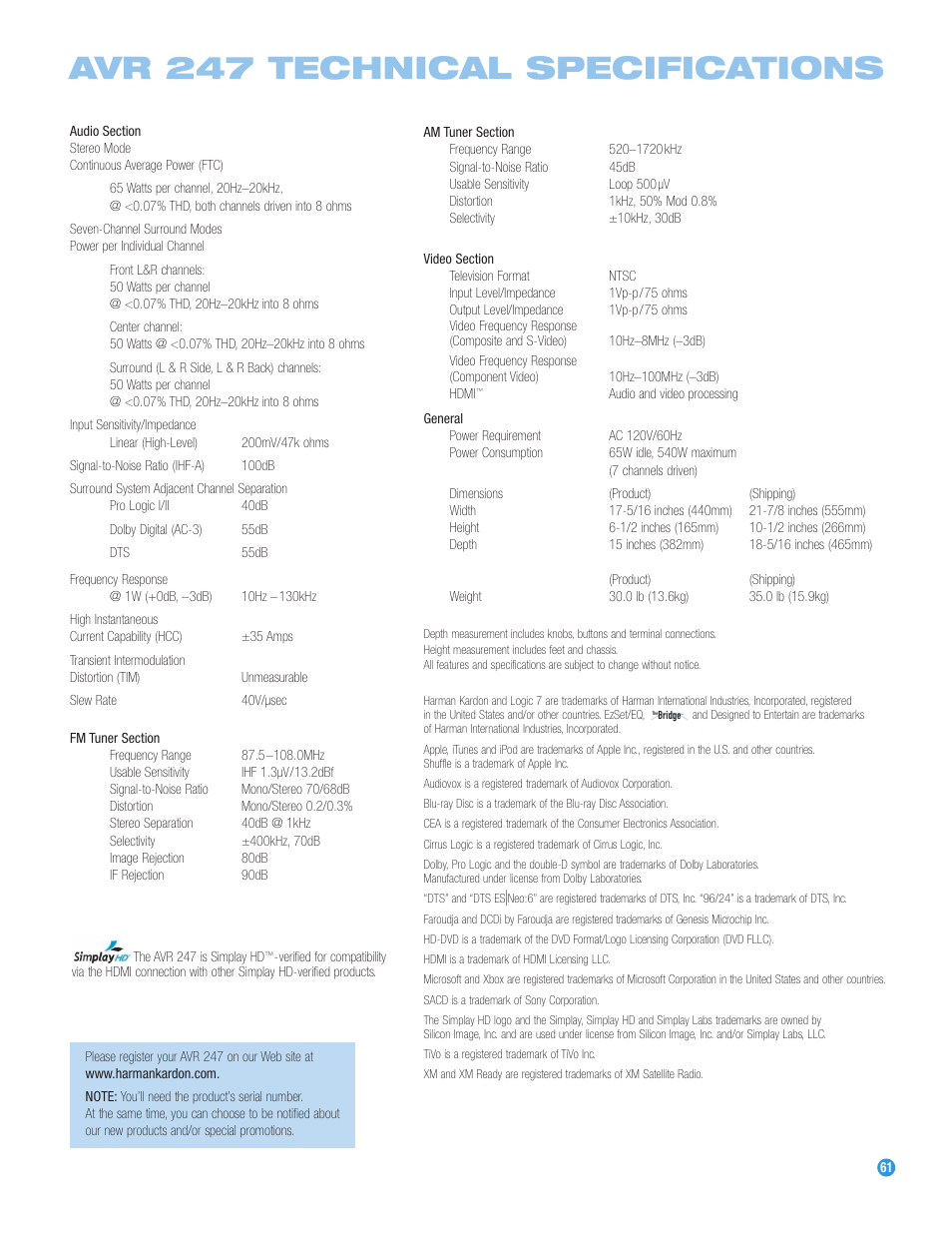 Avr 247 technical specifications | Harman-Kardon AVR 247 User Manual | Page 61 / 76