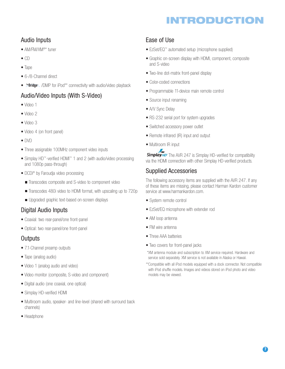 Introduction, Audio inputs, Audio/video inputs (with s-video) | Digital audio inputs, Outputs, Ease of use, Supplied accessories | Harman-Kardon AVR 247 User Manual | Page 7 / 76