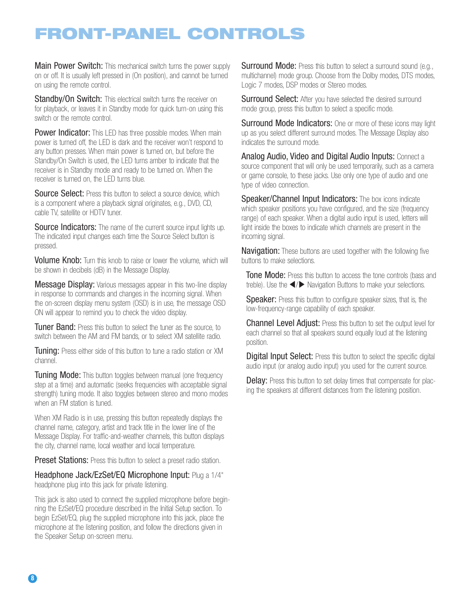 Front-panel controls | Harman-Kardon AVR 247 User Manual | Page 8 / 76
