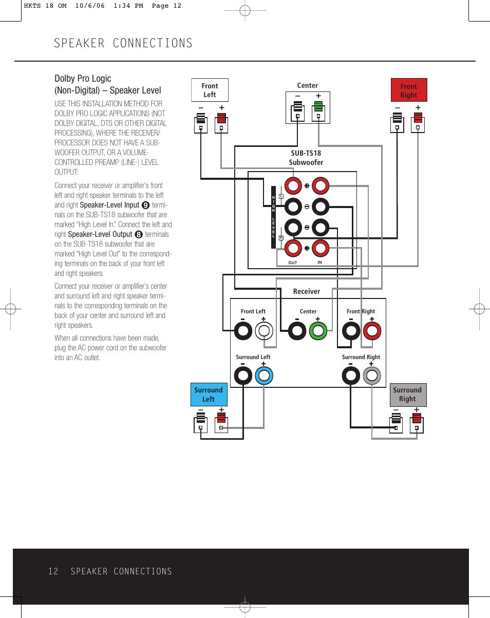 Speaker connections, Dolby pro logic (non-digital) – speaker level, 12 speaker connections | Harman-Kardon HKTS 18 User Manual | Page 12 / 16