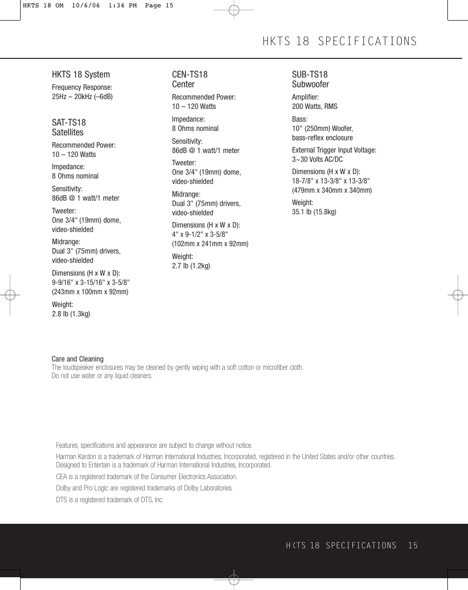 Hkts 18 specifications | Harman-Kardon HKTS 18 User Manual | Page 15 / 16