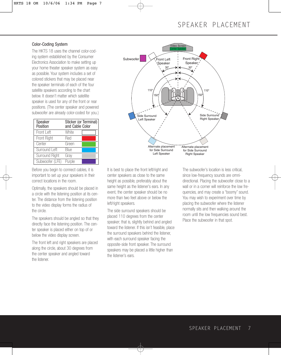Speaker placement, Speaker placement 7 | Harman-Kardon HKTS 18 User Manual | Page 7 / 16