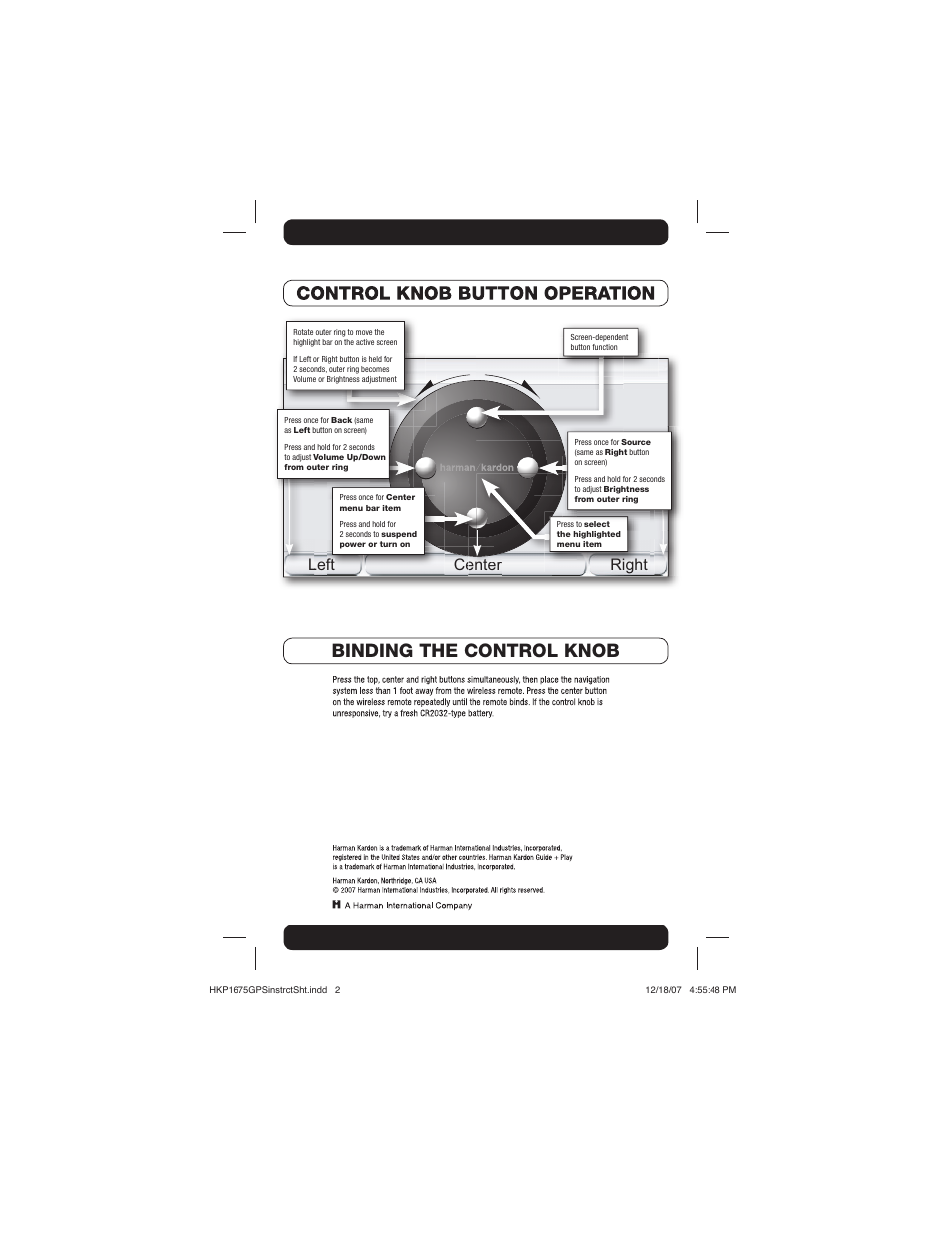 Binding the control knob, Left right ft, Right | Center, Enter t | Harman-Kardon Universal Remote User Manual | Page 2 / 2