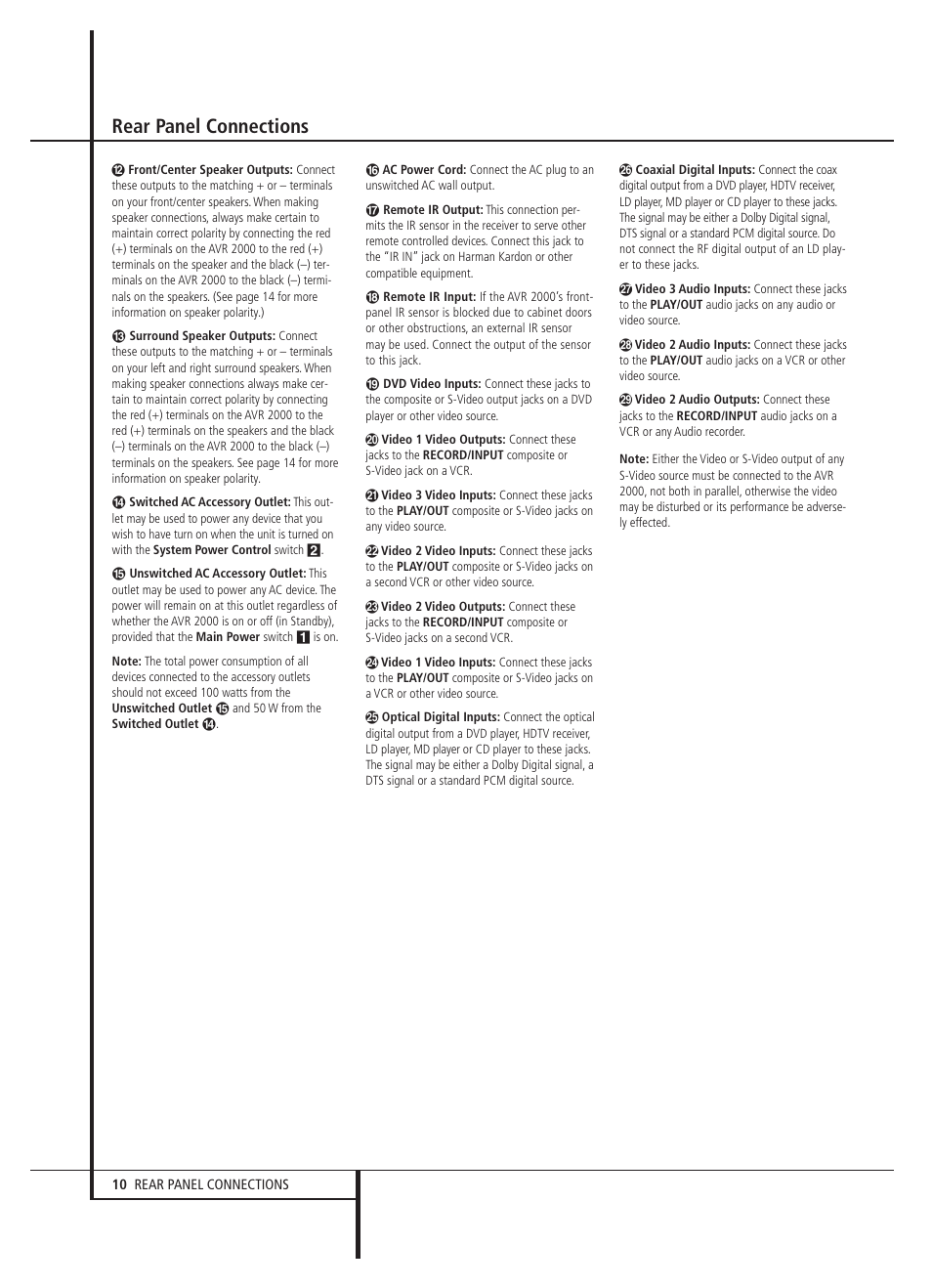 Rear panel connections | Harman-Kardon AVR 2000 User Manual | Page 10 / 48