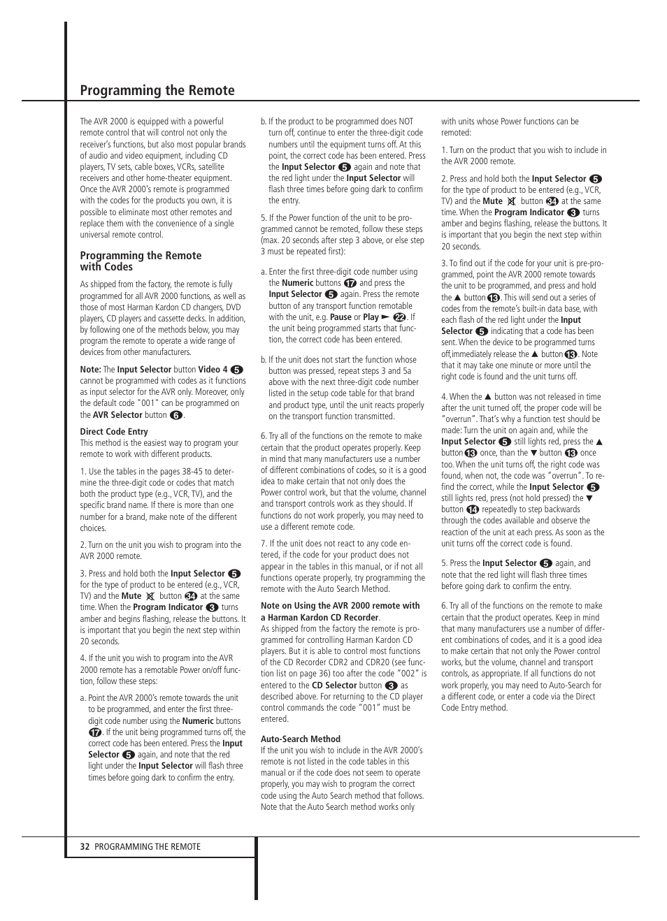 Programming the remote | Harman-Kardon AVR 2000 User Manual | Page 32 / 48