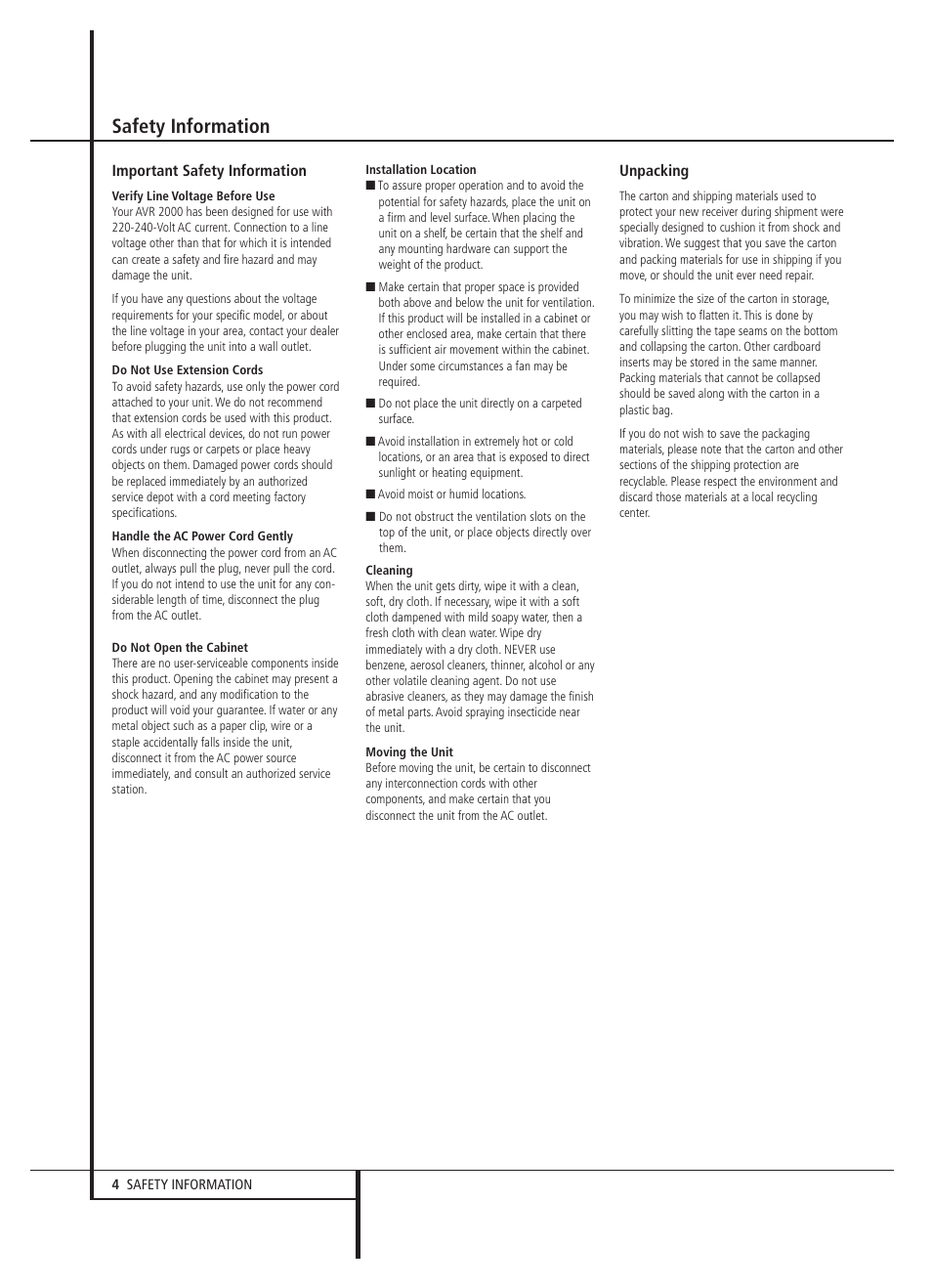 Safety information | Harman-Kardon AVR 2000 User Manual | Page 4 / 48