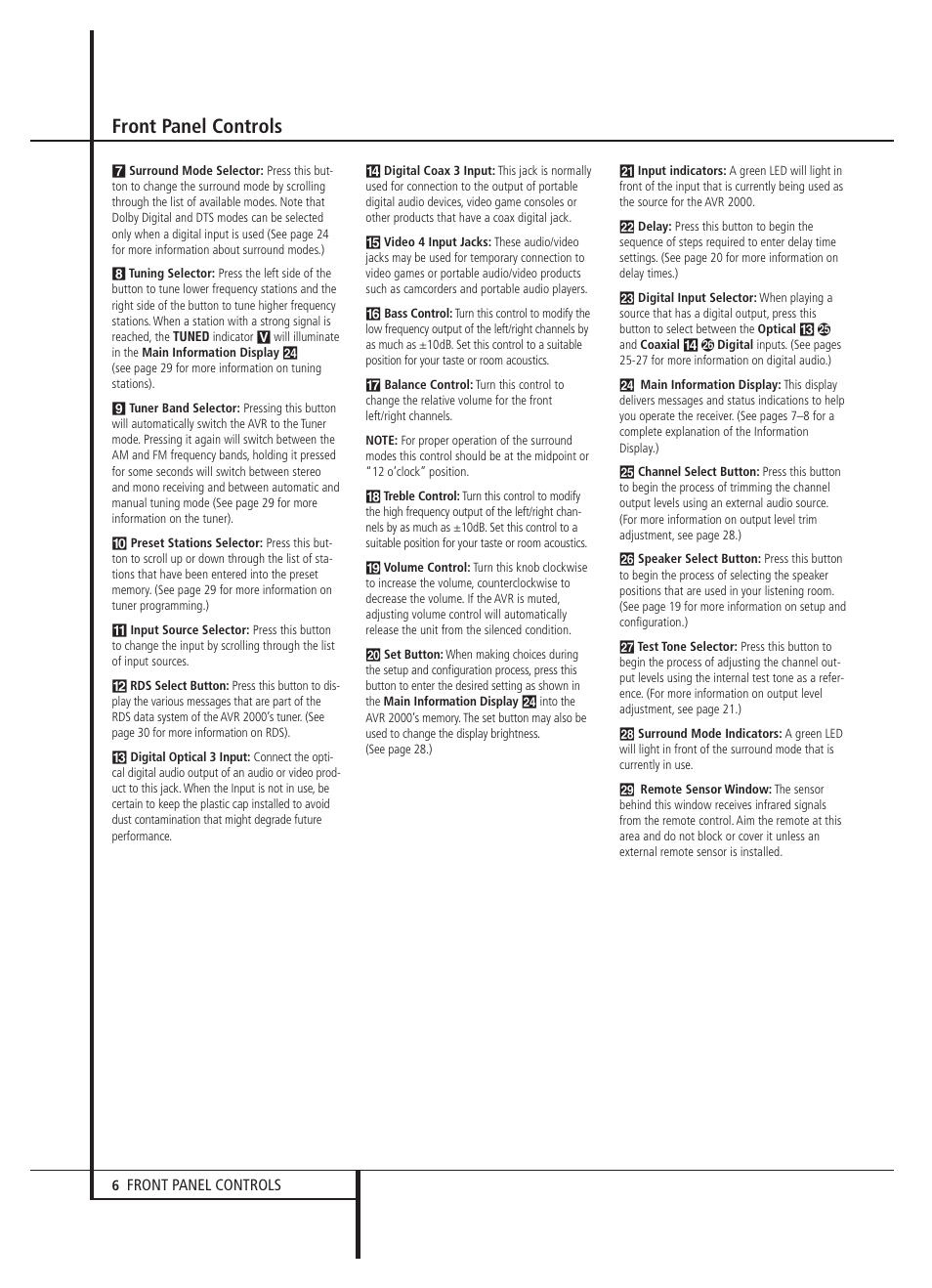 Front panel controls | Harman-Kardon AVR 2000 User Manual | Page 6 / 48