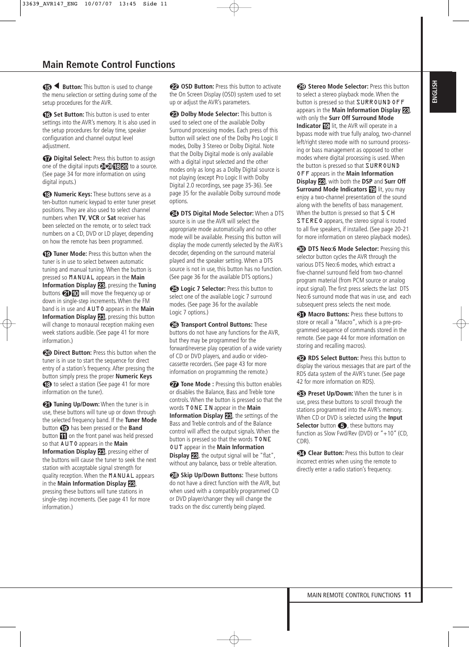 Main remote control functions | Harman-Kardon AVR 147 User Manual | Page 11 / 52