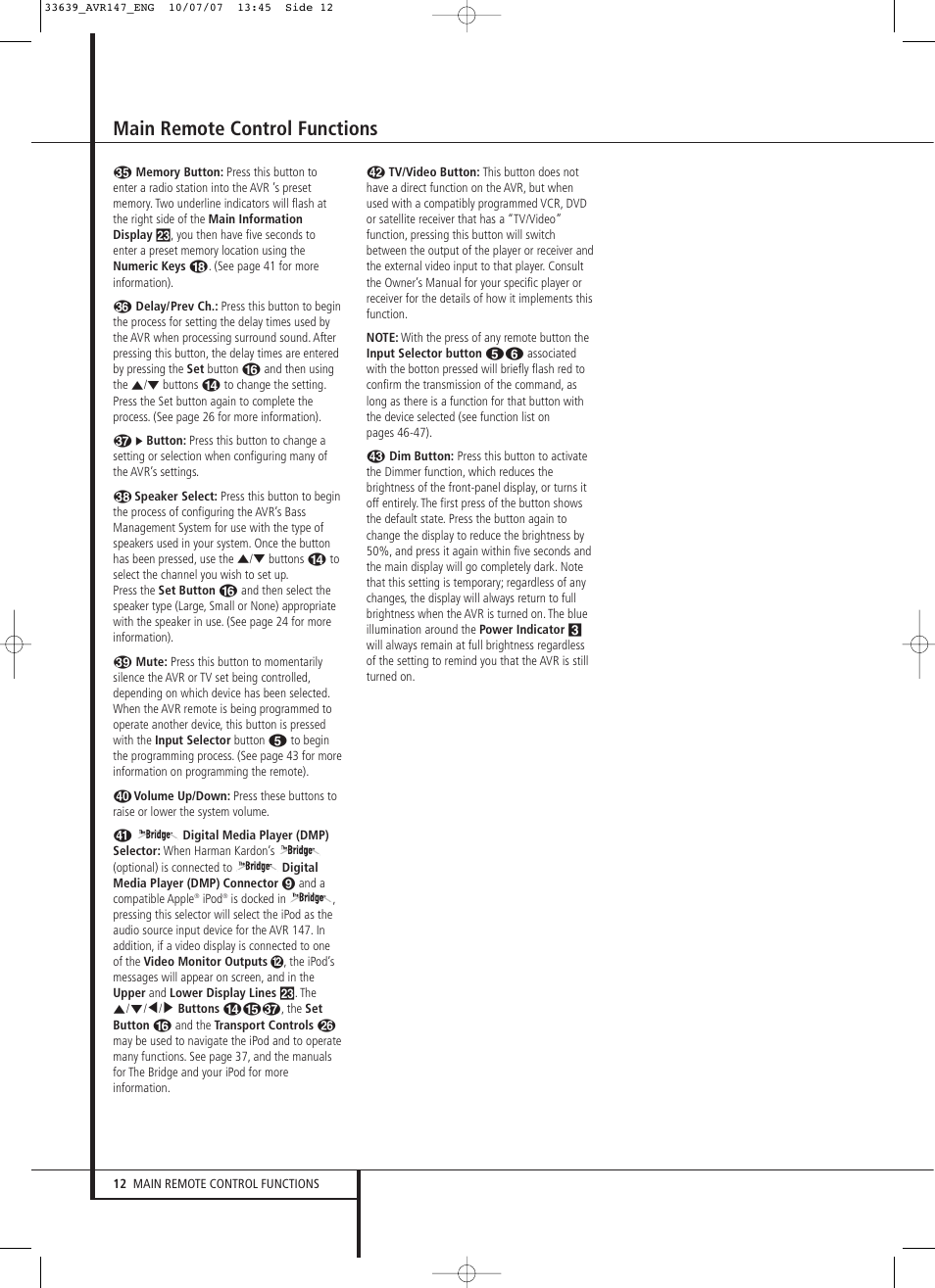 Main remote control functions | Harman-Kardon AVR 147 User Manual | Page 12 / 52