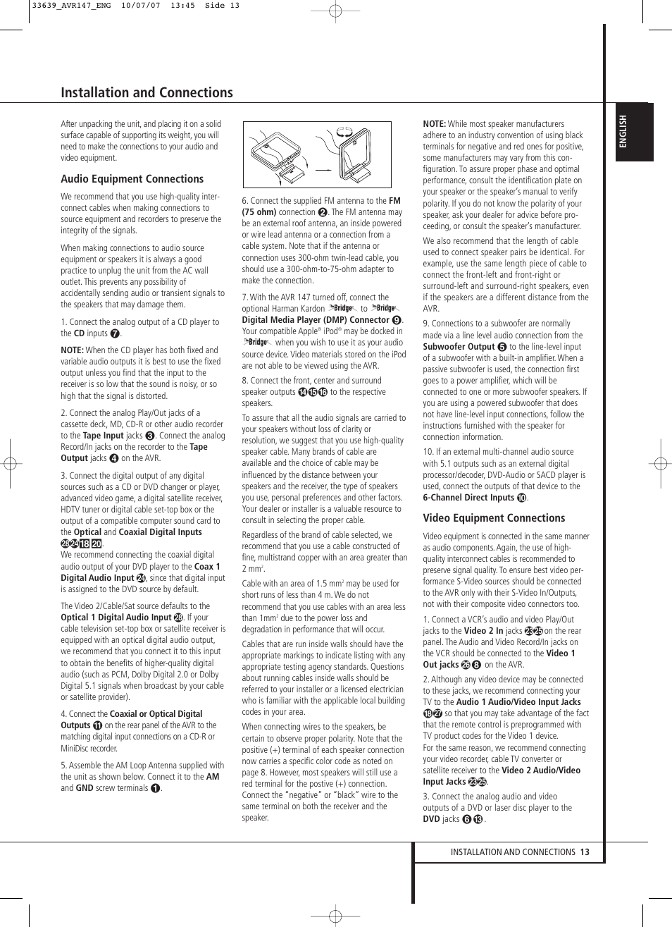 Installation and connections | Harman-Kardon AVR 147 User Manual | Page 13 / 52