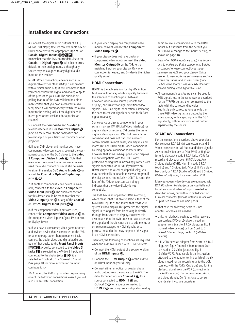 Installation and connections | Harman-Kardon AVR 147 User Manual | Page 14 / 52