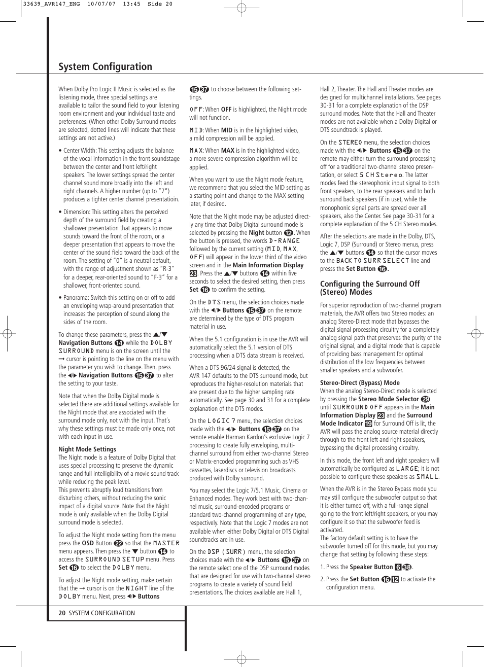 System configuration, Configuring the surround off (stereo) modes | Harman-Kardon AVR 147 User Manual | Page 20 / 52