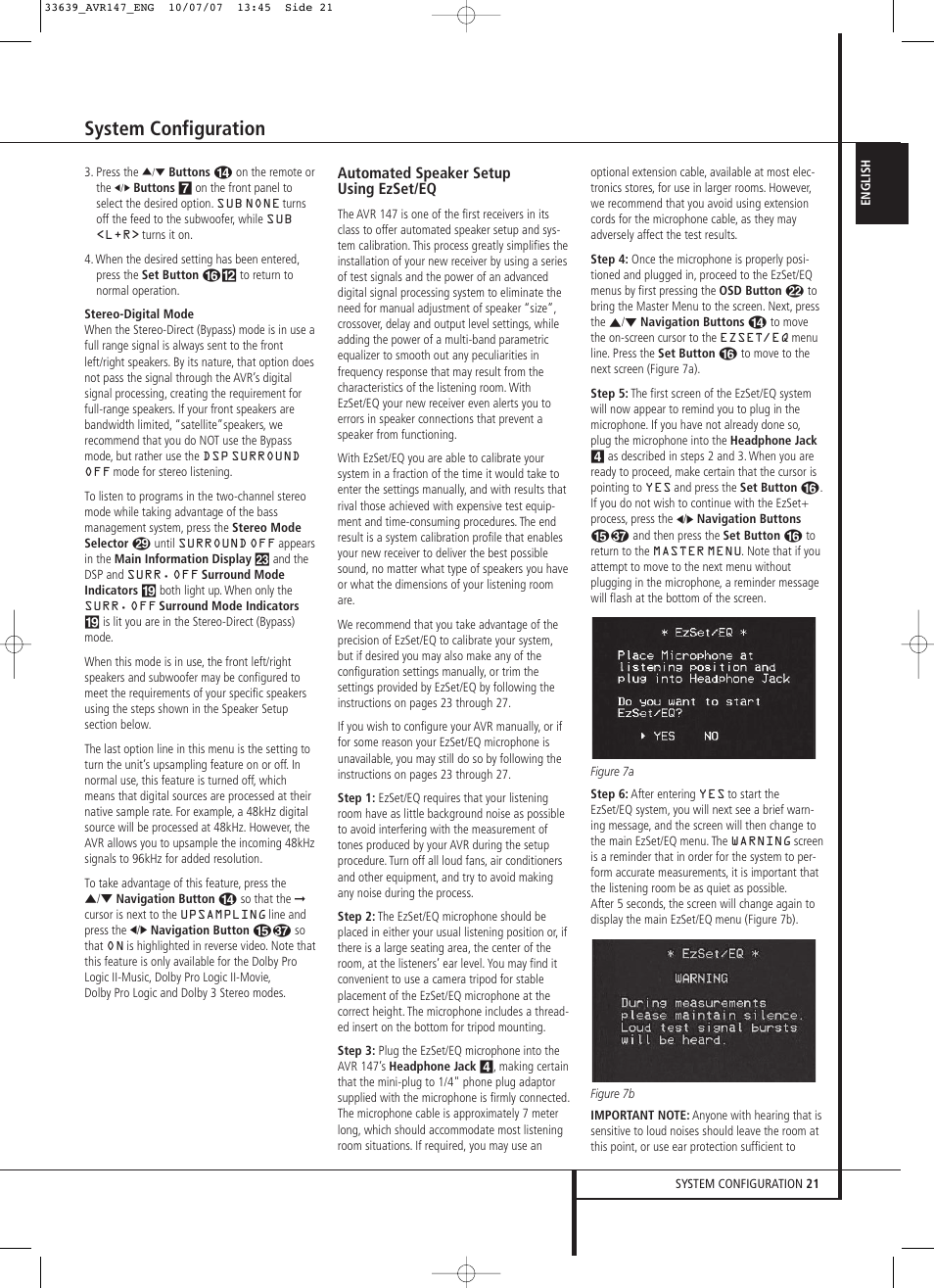 System configuration, Automated speaker setup using ezset/eq | Harman-Kardon AVR 147 User Manual | Page 21 / 52