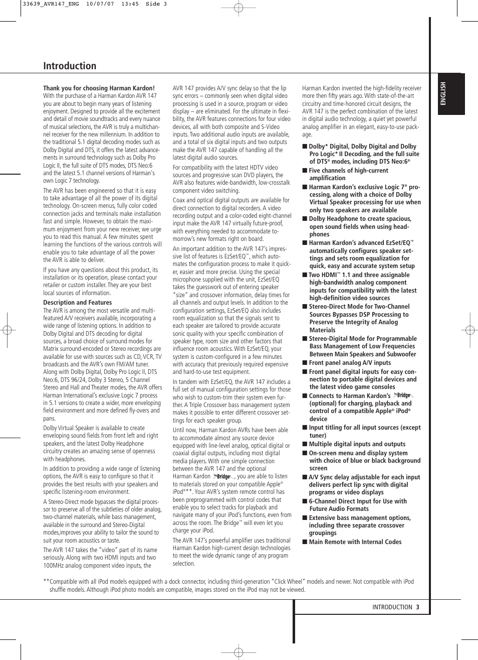 Introduction | Harman-Kardon AVR 147 User Manual | Page 3 / 52