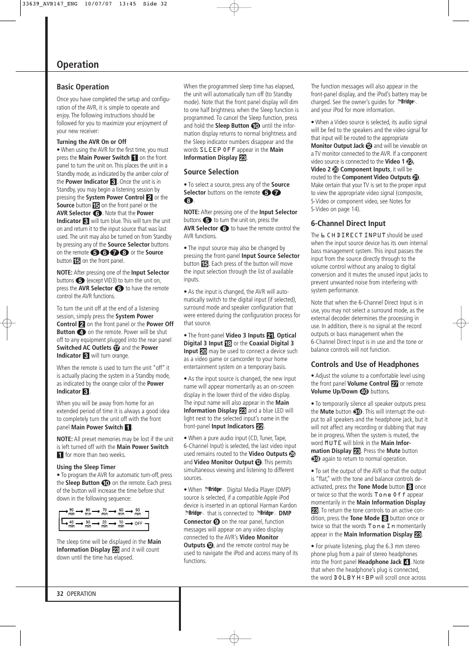 Operation | Harman-Kardon AVR 147 User Manual | Page 32 / 52