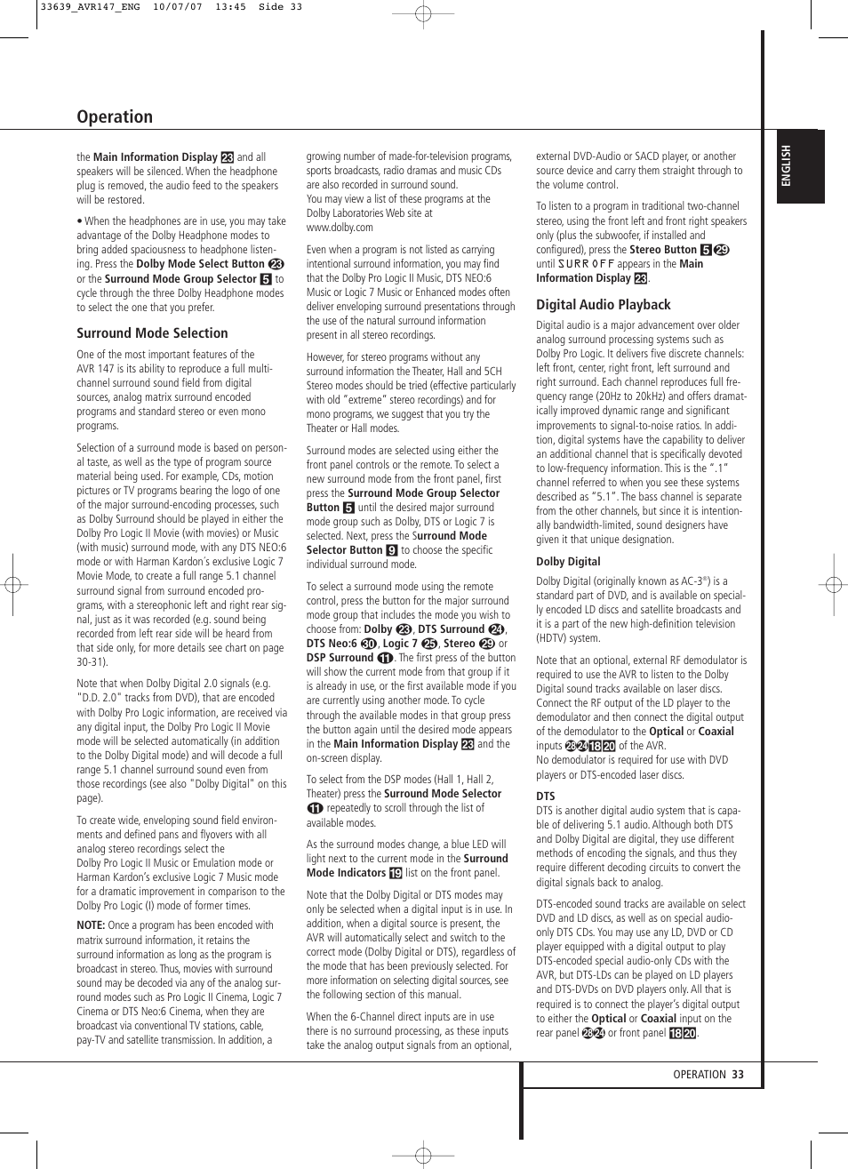 Operation | Harman-Kardon AVR 147 User Manual | Page 33 / 52
