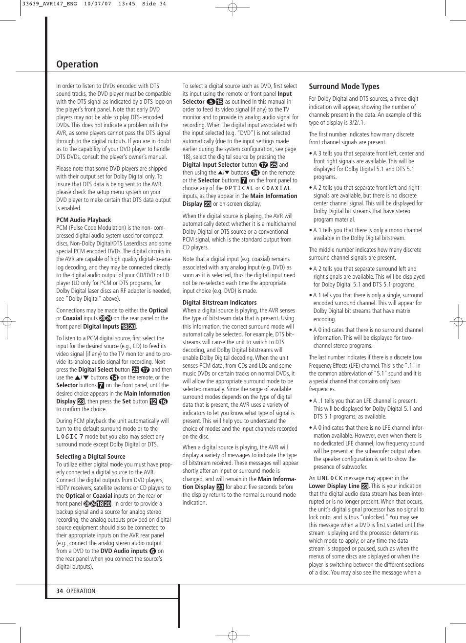 Operation | Harman-Kardon AVR 147 User Manual | Page 34 / 52