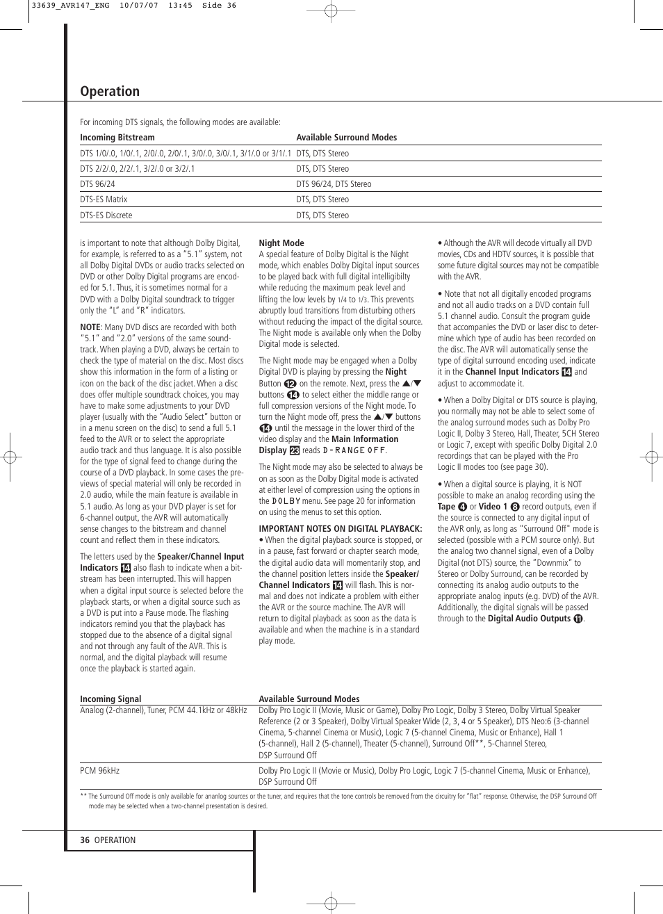 Operation | Harman-Kardon AVR 147 User Manual | Page 36 / 52