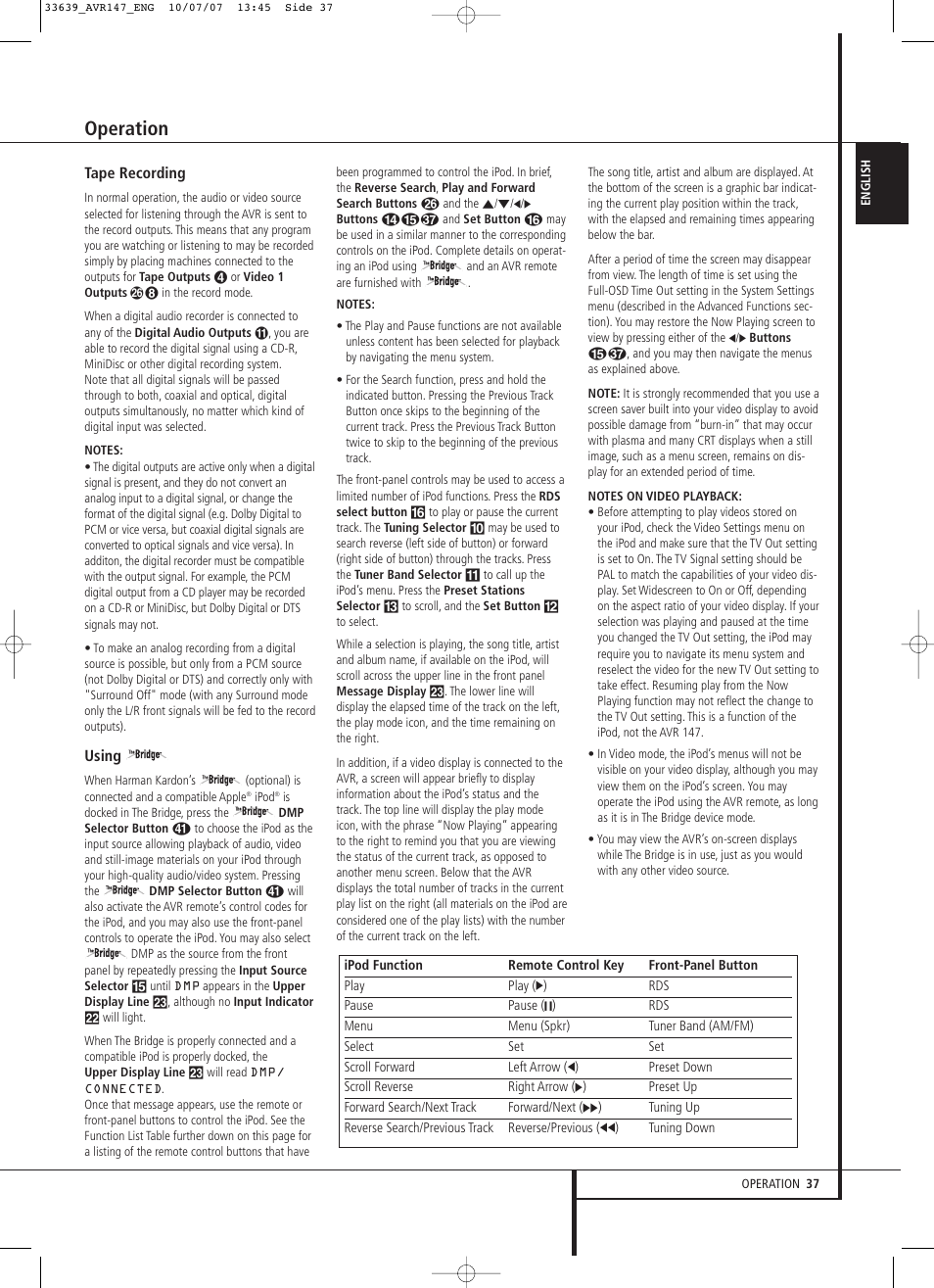 Operation | Harman-Kardon AVR 147 User Manual | Page 37 / 52