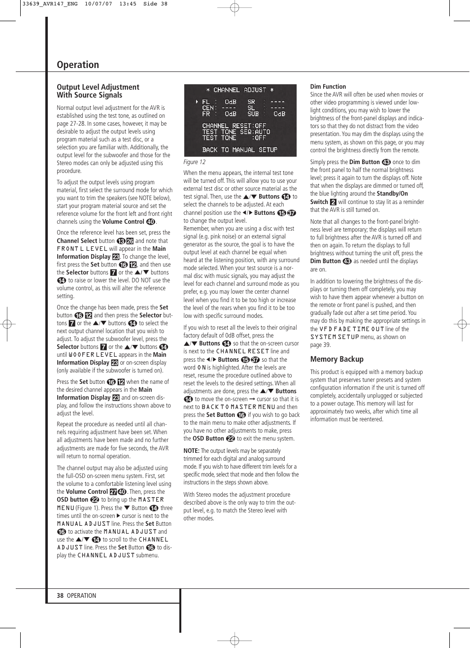 Operation, Output level adjustment with source signals | Harman-Kardon AVR 147 User Manual | Page 38 / 52