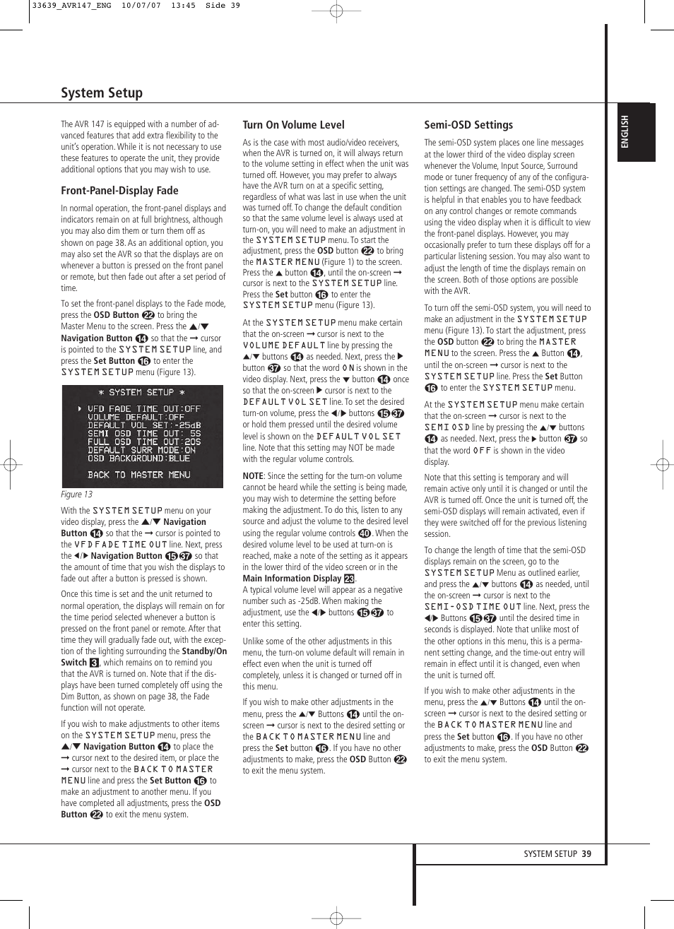 System setup, Front-panel-display fade, Turn on volume level | Semi-osd settings | Harman-Kardon AVR 147 User Manual | Page 39 / 52