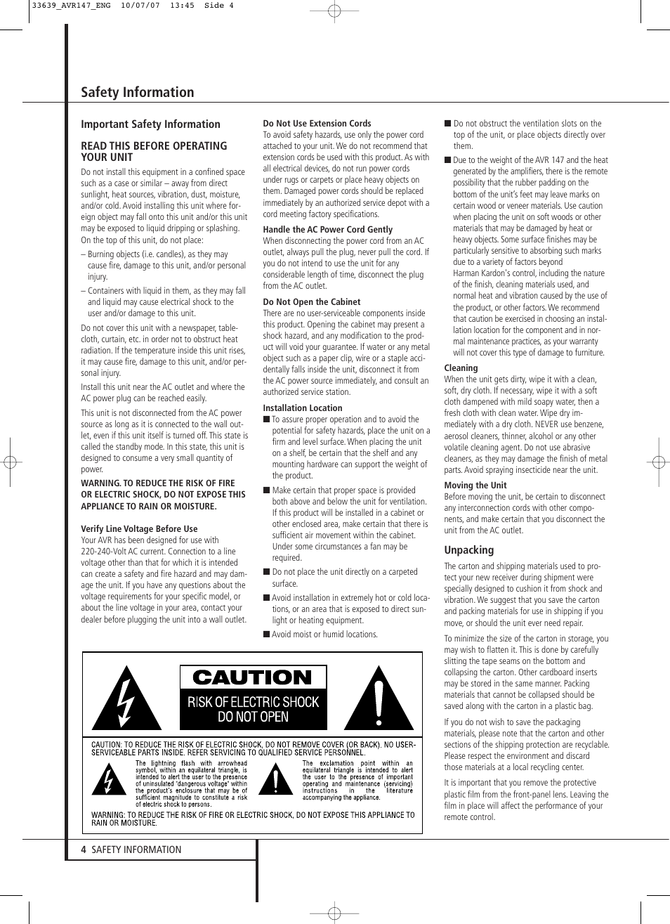 Safety information | Harman-Kardon AVR 147 User Manual | Page 4 / 52